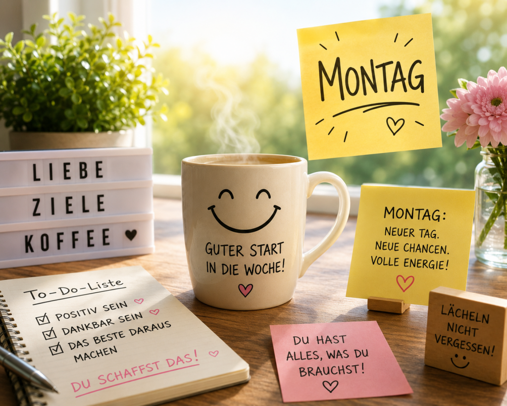 Ein Motivations-Arrangement mit einer Kaffeetasse, umgeben von Notizen wie Montag, Ziele und Kaffee, sowie grünen Zimmerpflanzen.