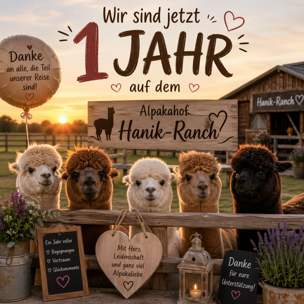 Mehrere flauschige Alpakas posieren bei Sonnenuntergang vor einem Holzzaun.