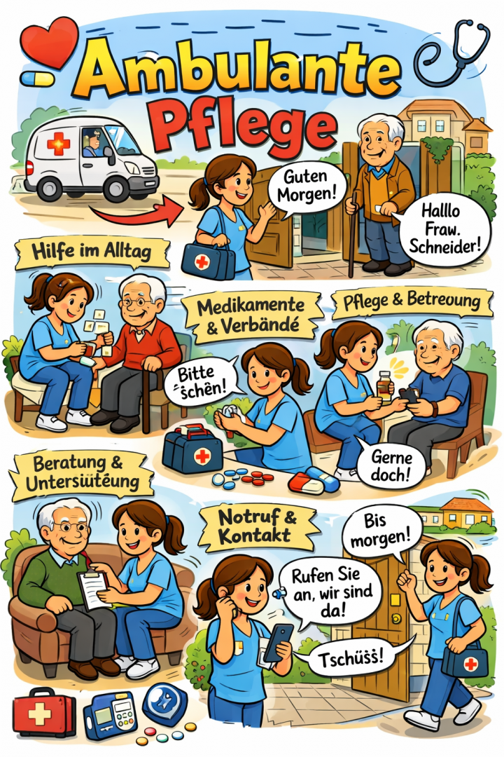 Comicbuch zur ambulanten Pflege, das verschiedene häusliche Unterstützungsleistungen wie Wundversorgung, Beratung und Alltagshelfe darstellt.