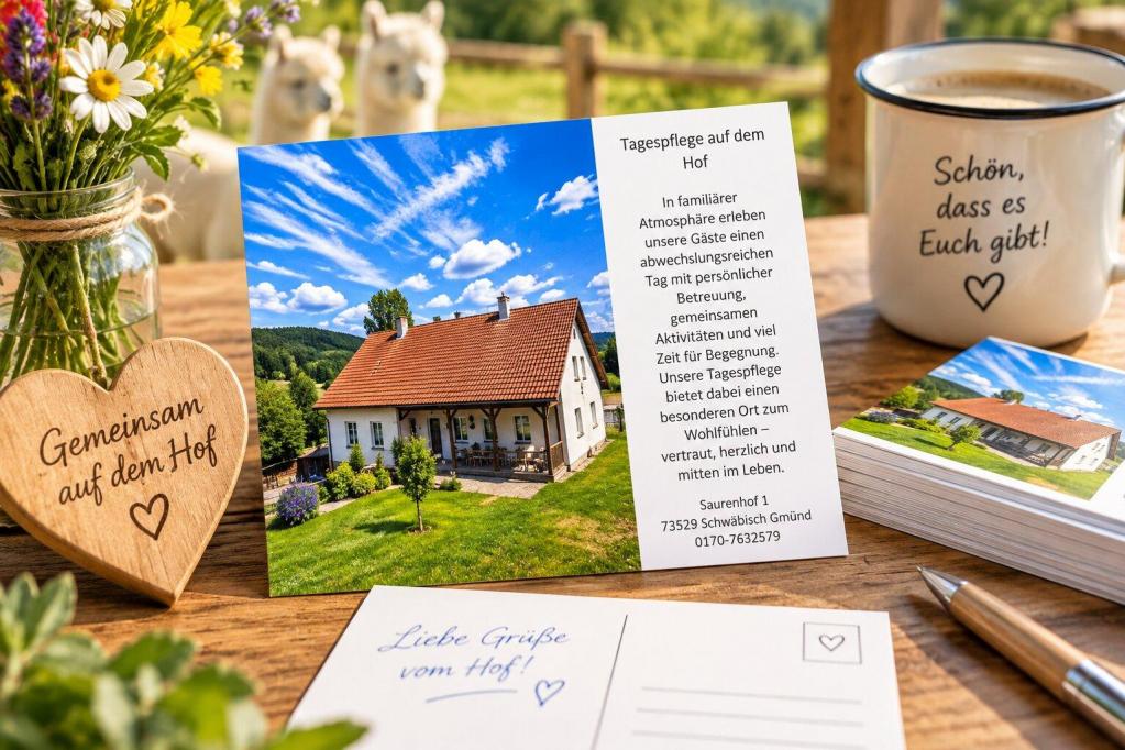 auf dem Bild sieht man eine Postkarte mit Schreibutensilien