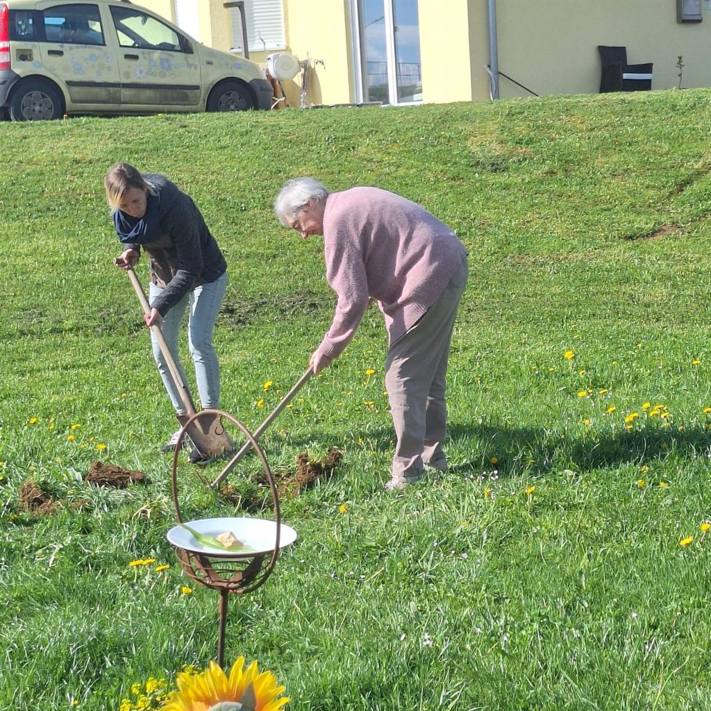 Zwei Frauen arbeiten im Garten und pflegen das Grün mit Gartengeräten.