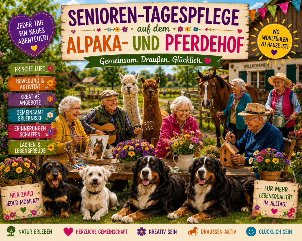 Das Bild wurde mit Chat GPT erzeugt - es stellt unsere "Tagespflege auf dem Hof" dar