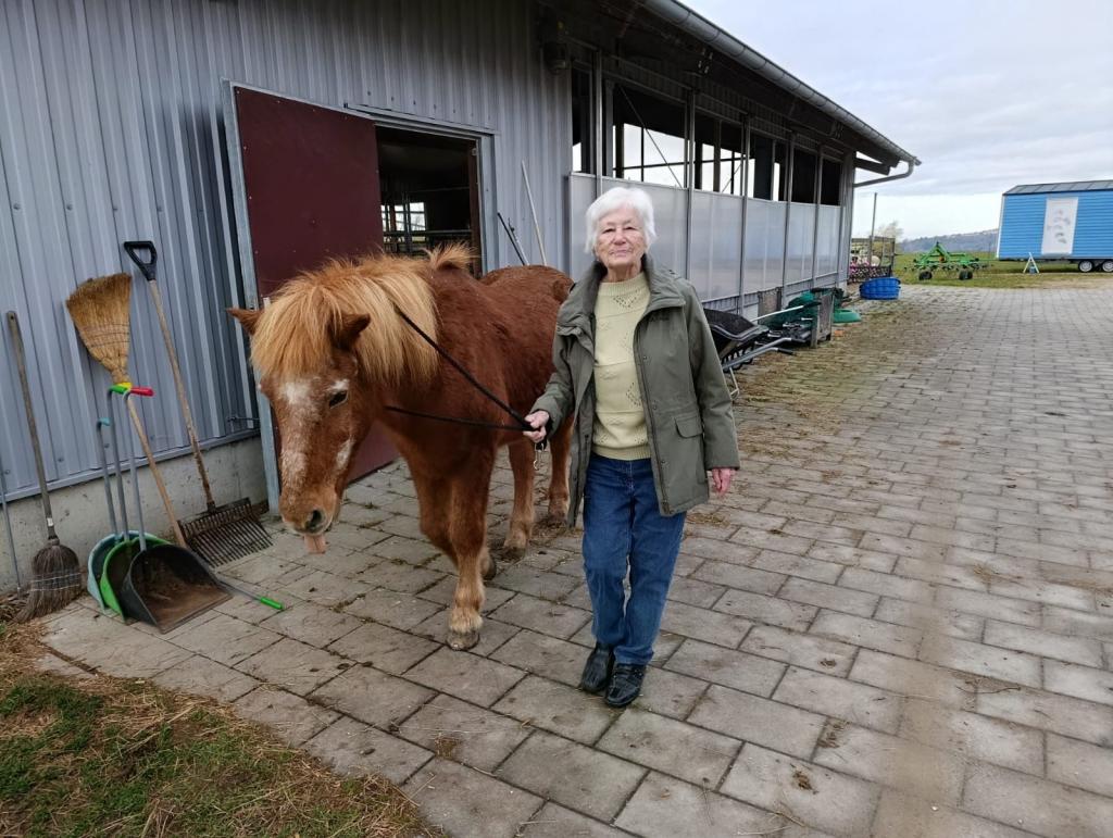 Ein Tagesgast der Tagespflege-schwäbisch-gmünd führt ein Island Pony